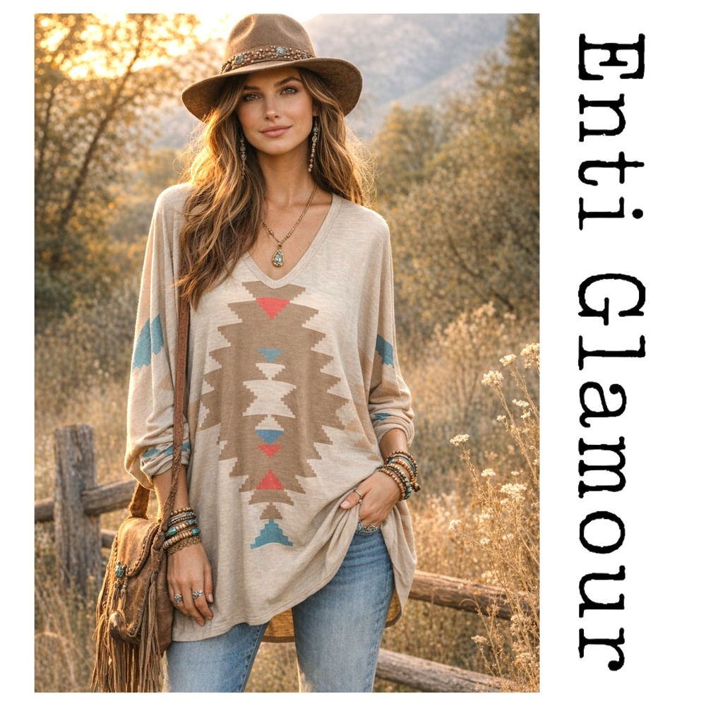 Enti Glamour Aztec Long Dolman Sleeve V Neck Hi-Low Soft Knit Tunic Top Size S